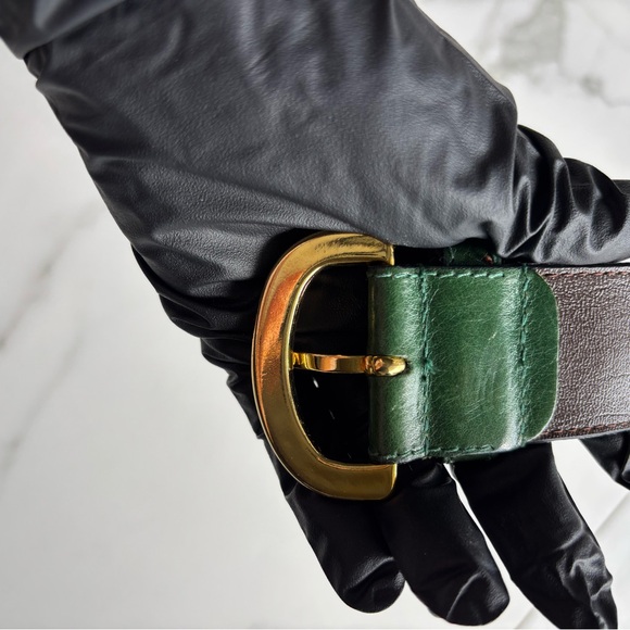 FURLA Vintage Green Leather Belt with Gold Square Buckles Size S Made in Italy main image 9